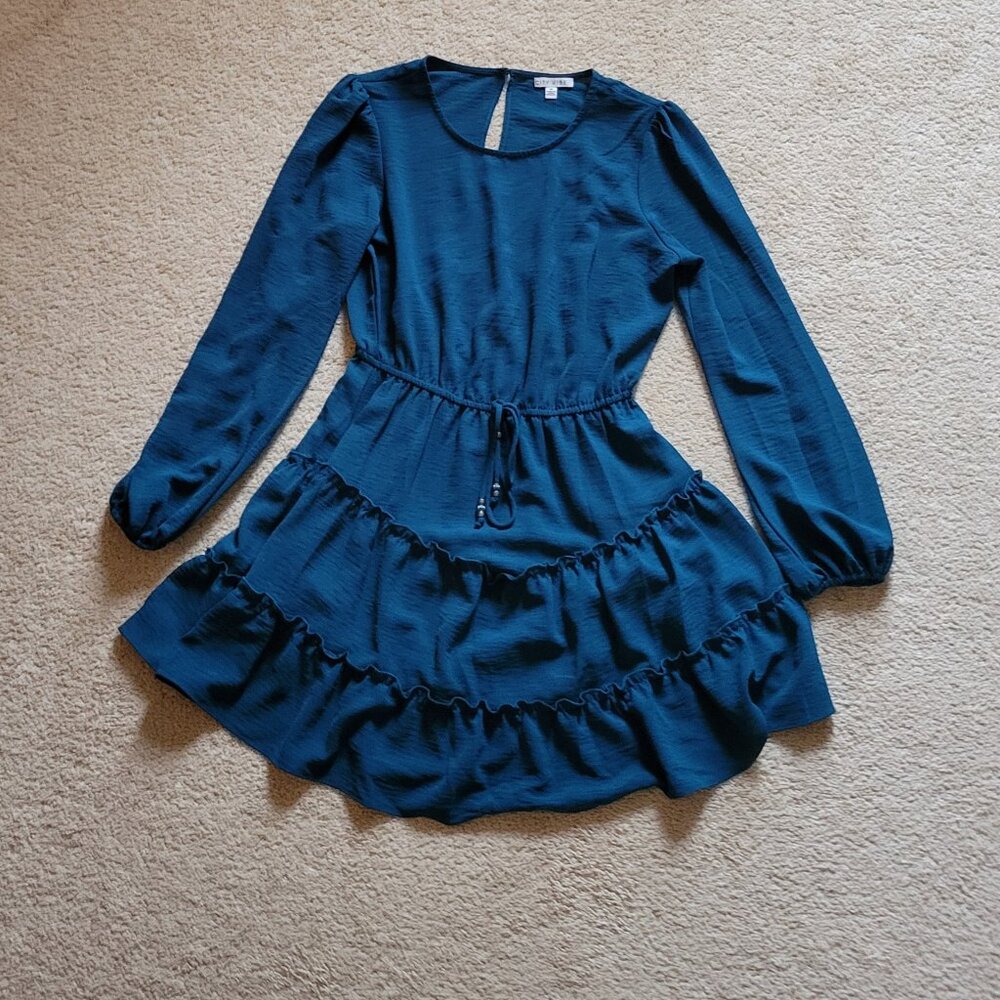 City Vibe Navy Blue Ruffle Chiffon Dress Size M